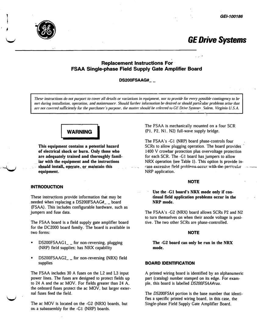 First Page Image of DS200FSAAG2A Field Supply Gate Amplifier Board Product Manual - GEI-100186.pdf